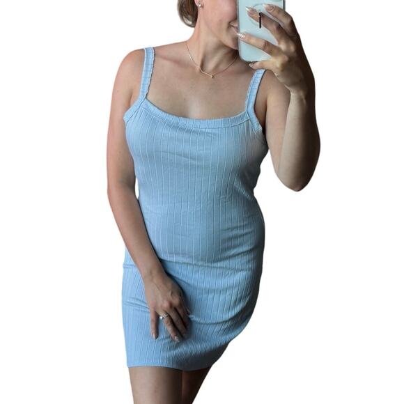 Le Lis Blue Ribbed Raw Hem Backless Sleeveless Fitted Square Neck Mini Dress - Picture 1 of 8